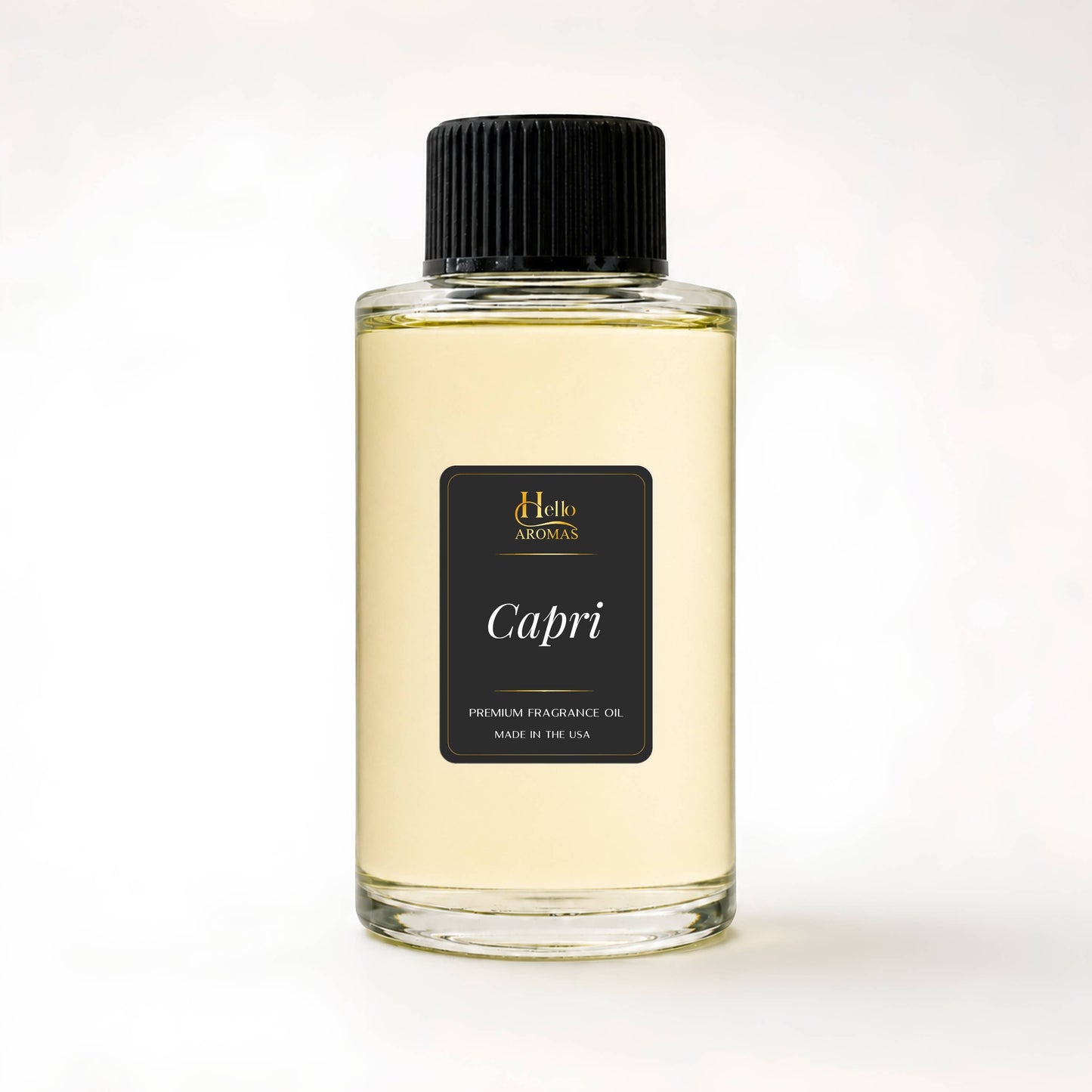 Bottle of 'Capri' fragrance oil with a black cap on a white background