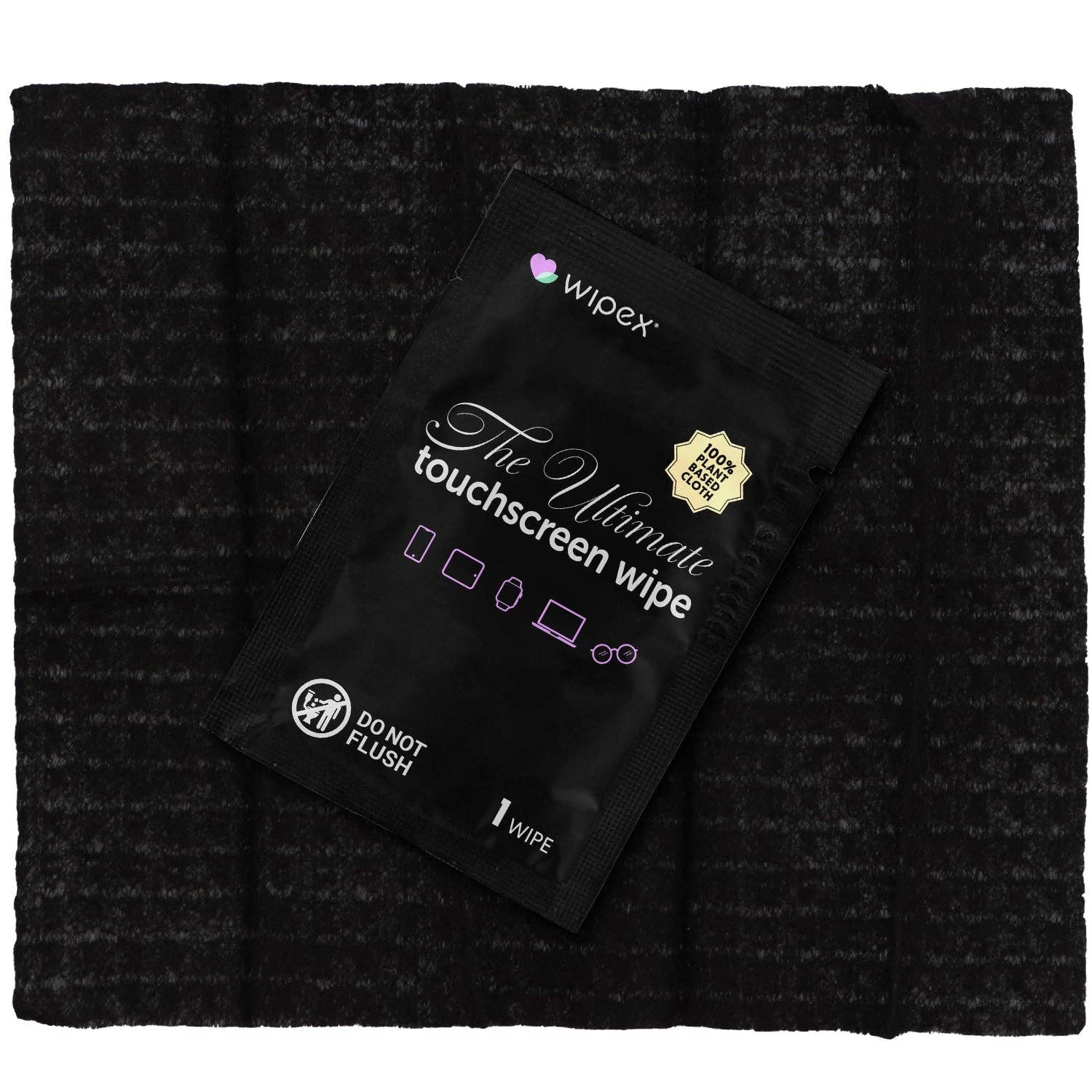 Wipe packet labeled 'The Ultimate Touchscreen Wipe' by wipex on a textured black background