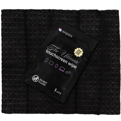 Wipe packet labeled 'The Ultimate Touchscreen Wipe' by wipex on a textured black background