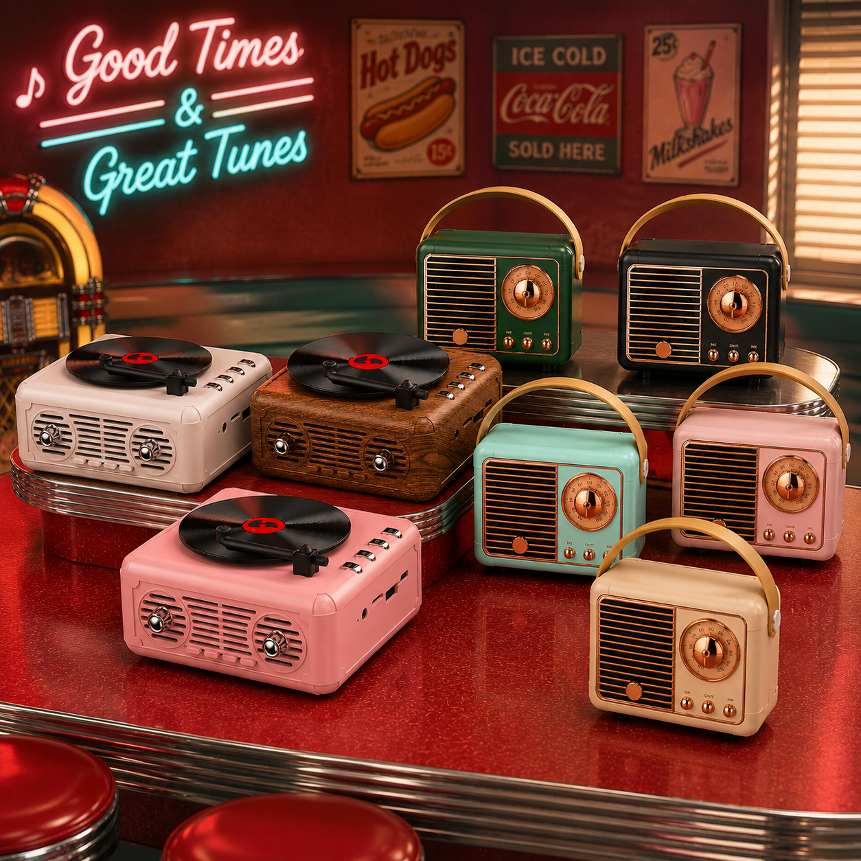 retro bluetooth radios and turntables with a diner background