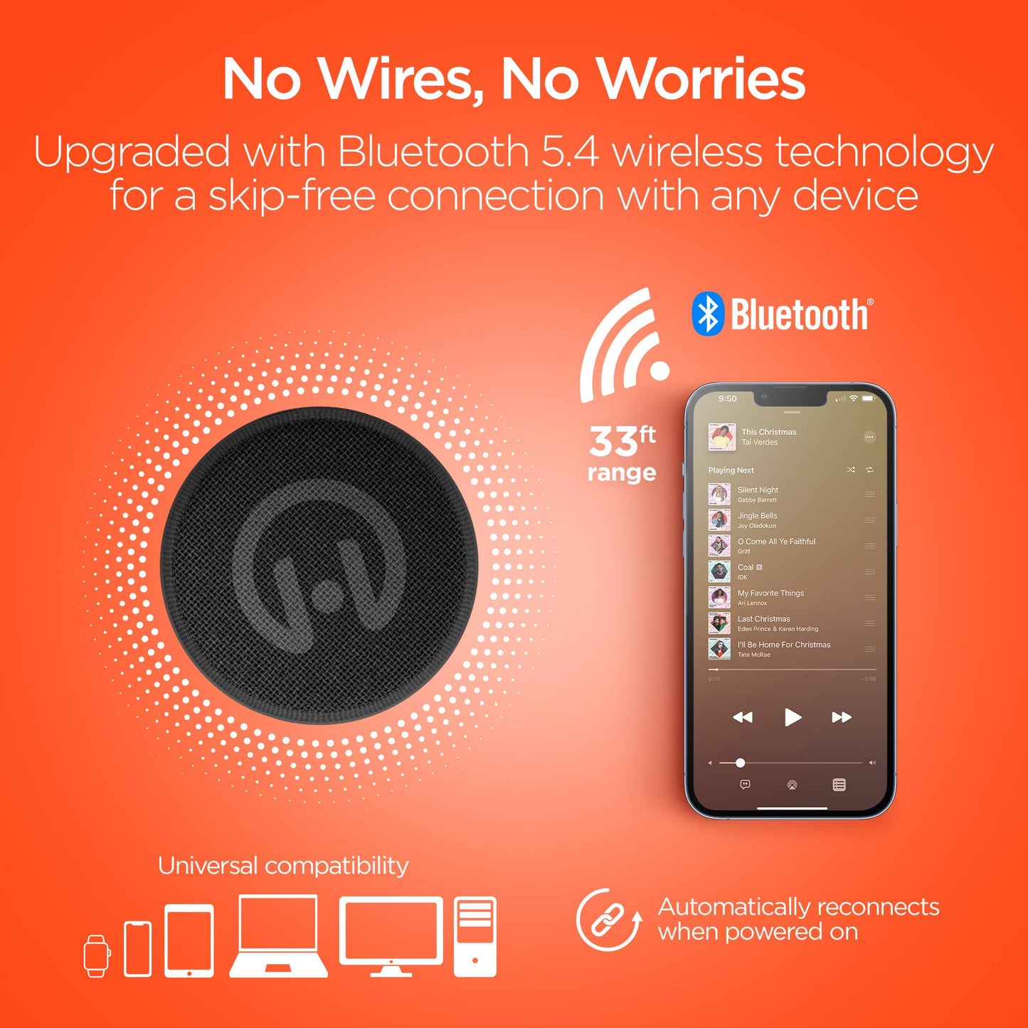 Black speaker and smartphone on an orange background with Bluetooth technology features.