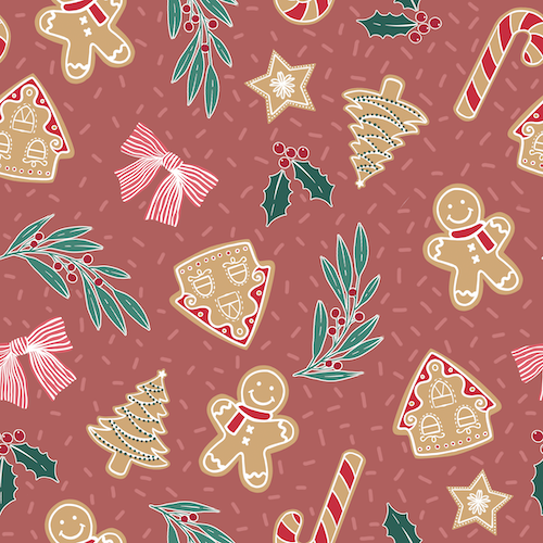 A repeating Christmas-themed pattern on a dusty rose background, featuring gingerbread cookies, candy canes, holly leaves, pine trees, stars, bows, and small sprinkle-like accents in beige, green, red, and white.