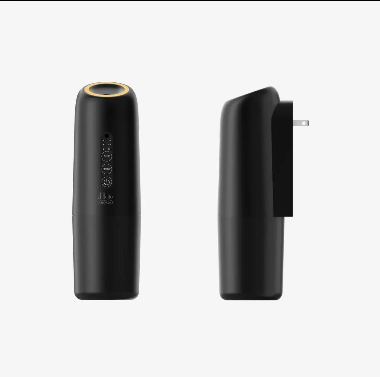 Hello aromas oasis plug-in black cylindrical scent diffuser with gold top and plug-in design for wall mounting