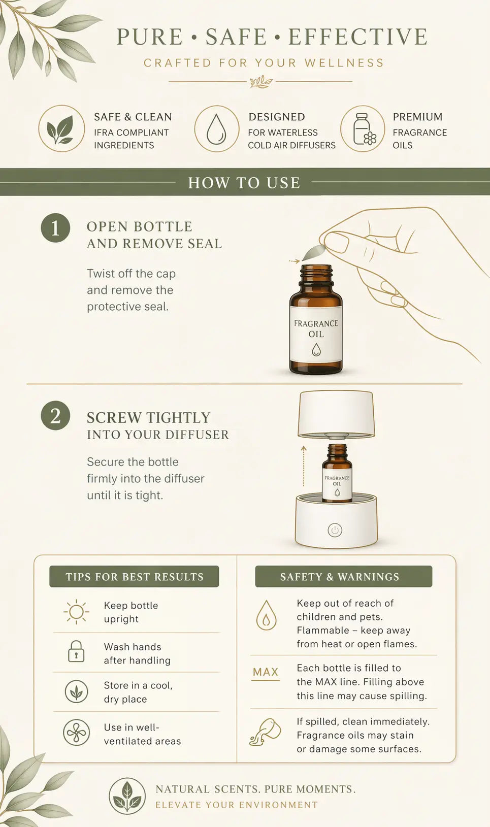 A small dark brown glass bottle with white cap labeled fragrance oil for hello aromas oasis plug-in scent diffuser