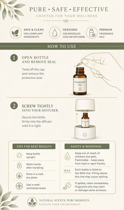 A small dark brown glass bottle with white cap labeled fragrance oil for hello aromas oasis plug-in scent diffuser