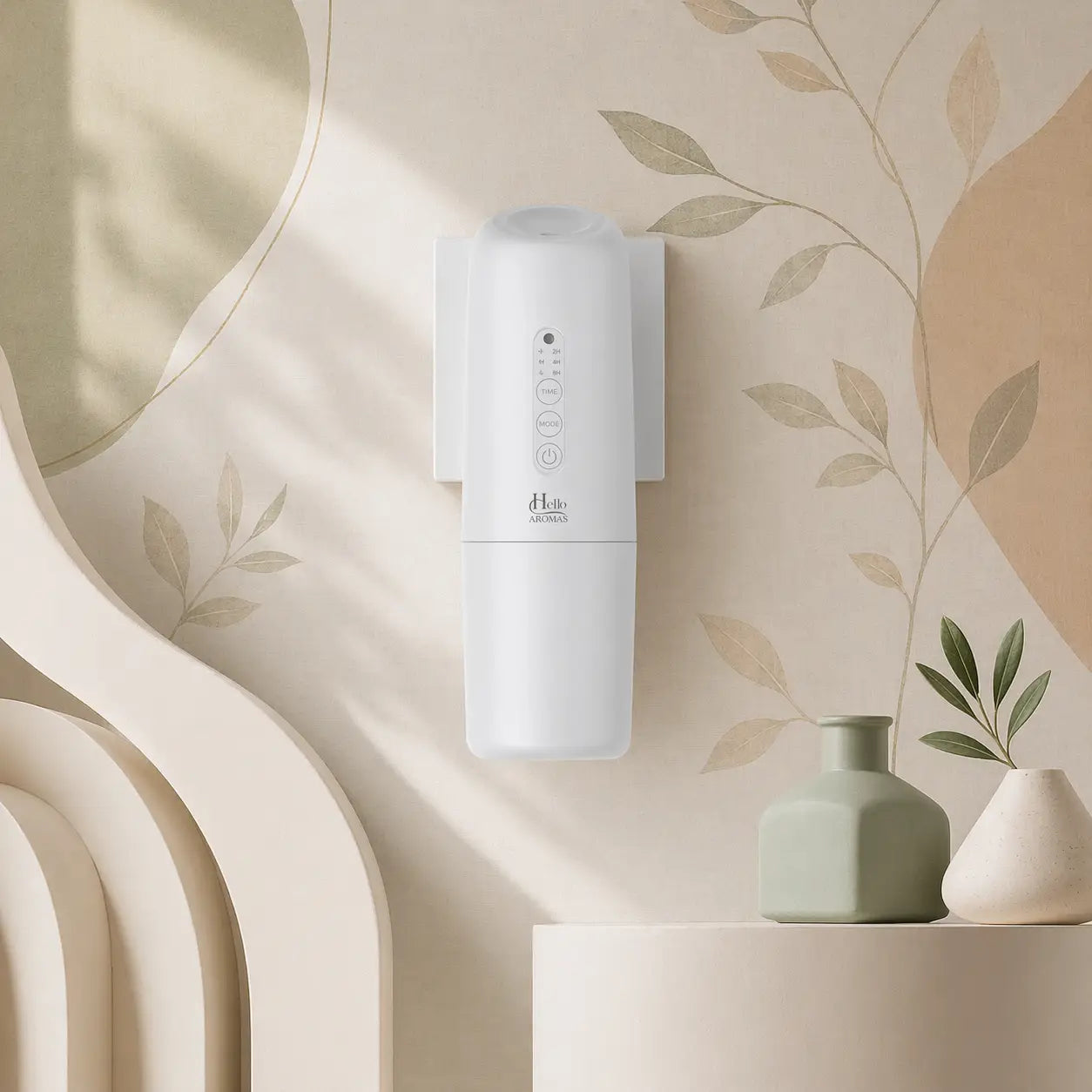 White hello aroma oasis plug-in scent diffuser with sleek minimalist design and soft-touch finish wall-mounted dispenser