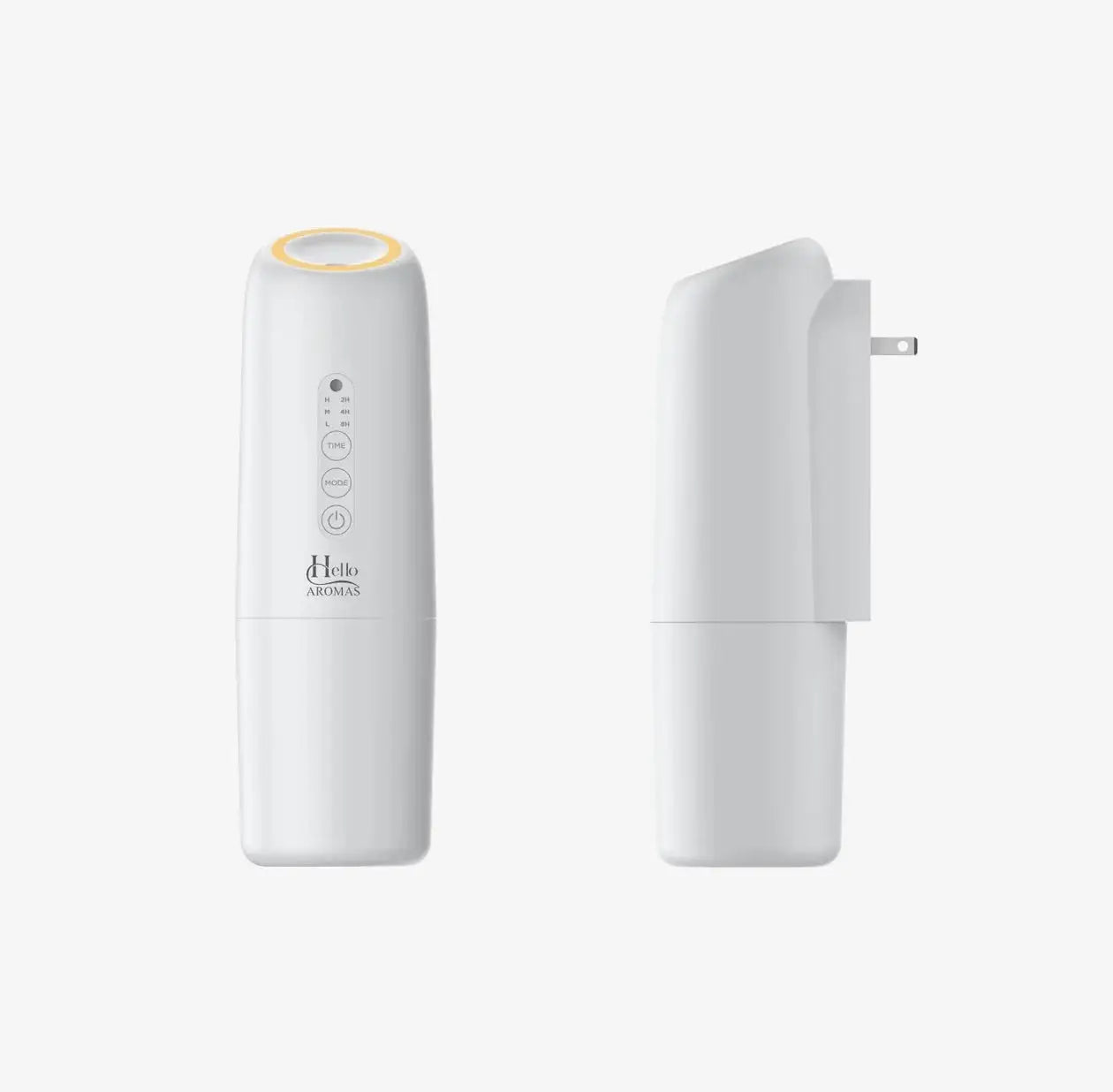 White hello aromas oasis plug-in scent diffuser with a sleek cylindrical design and glowing yellow ring at the top
