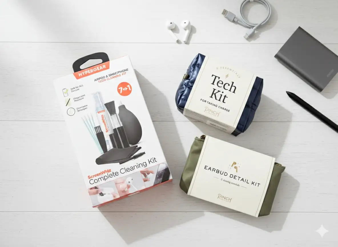 Tech cleaning kits on a white surface with earbuds and a pen.