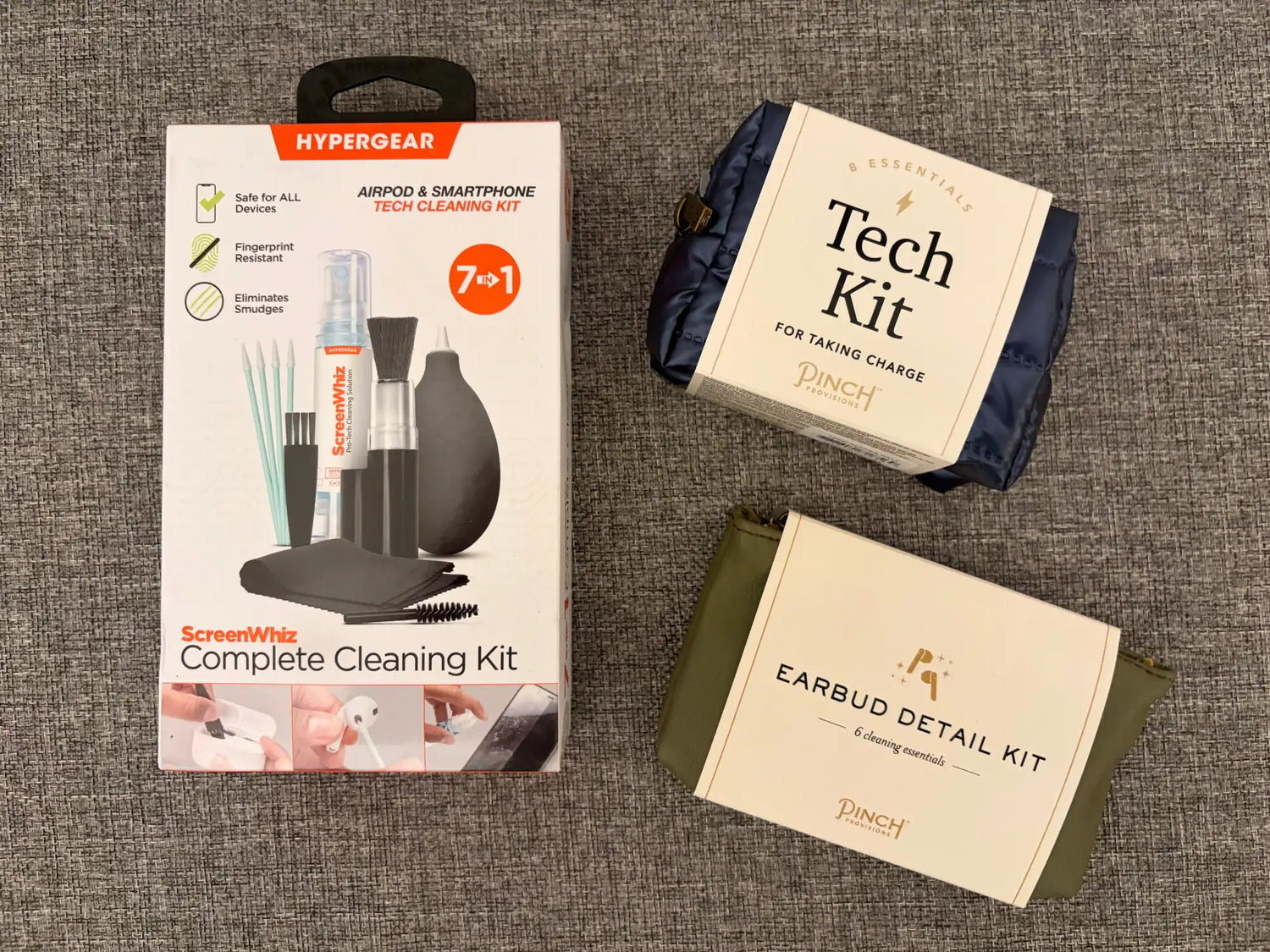 Hypergear screenwiz complete cleaning kit, a 7-in-1 tech cleaning set in white packaging with black and orange accents.