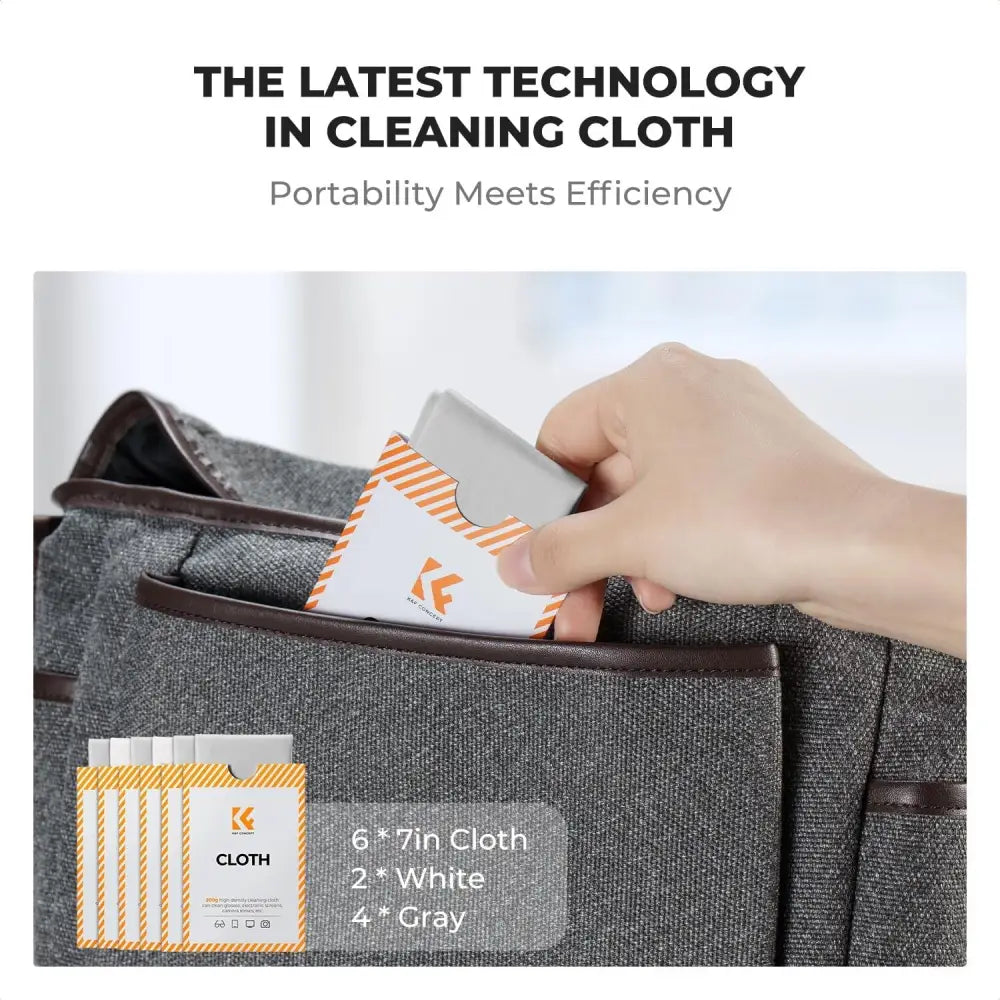 White and gray cleaning cloth with orange-striped packaging, designed for portability.
