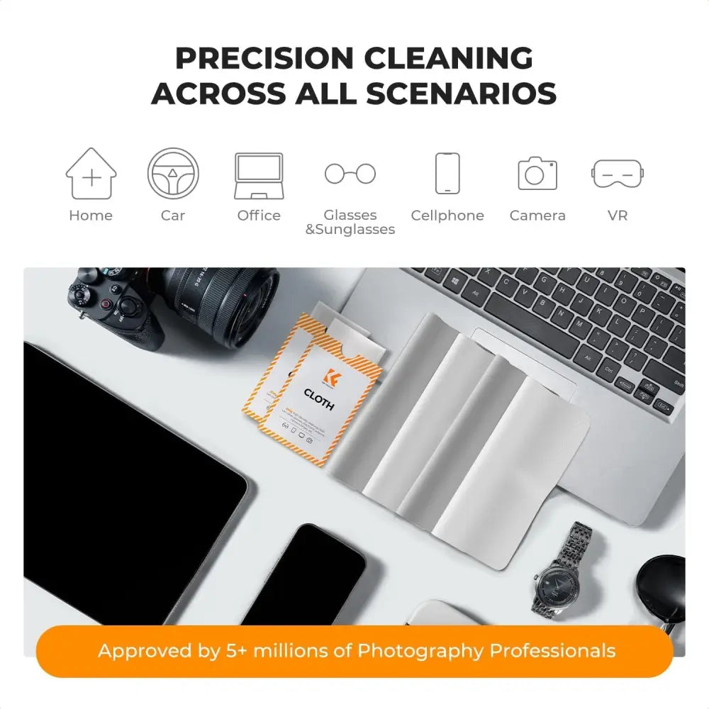 White precision cleaning cloth packets with orange striped borders and a black logo.