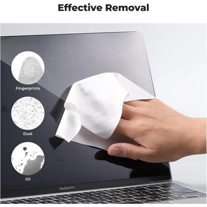 White microfiber cloth being used to wipe a macbook pro screen.