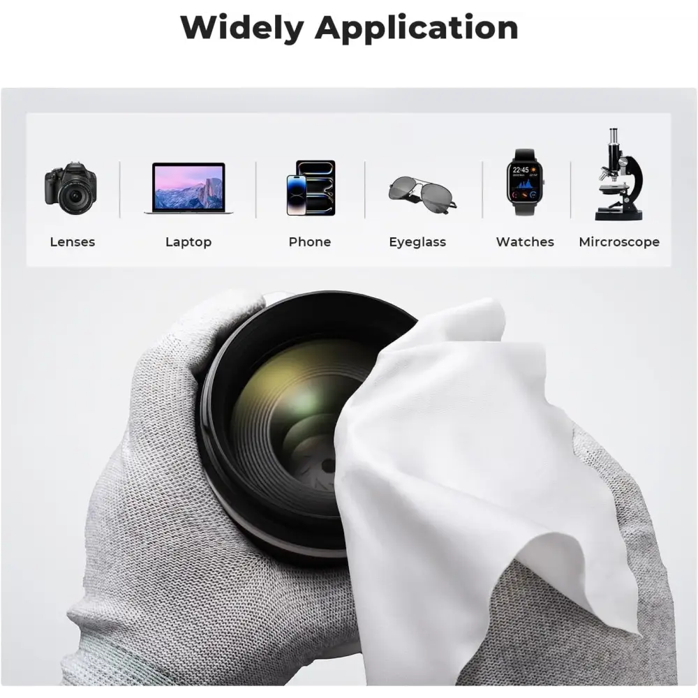 Black camera lens being gently wiped with a white microfiber cloth.
