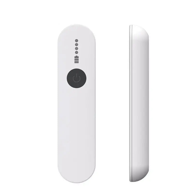 White rectangular portable power bank with a black circular power button and five led battery indicators.