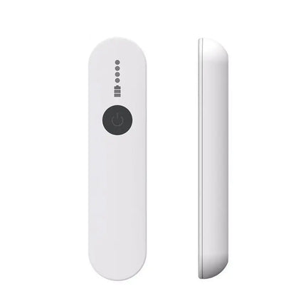 White rectangular portable power bank with a black circular power button and five led battery indicators.