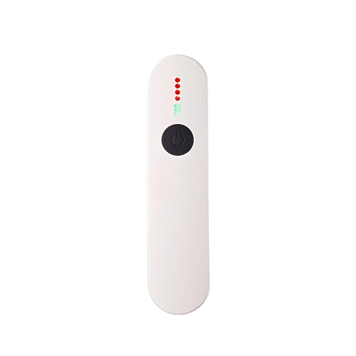 White handheld device with a black power button and four red indicator lights above it.
