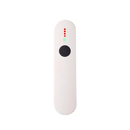 White handheld device with a black power button and four red indicator lights above it.