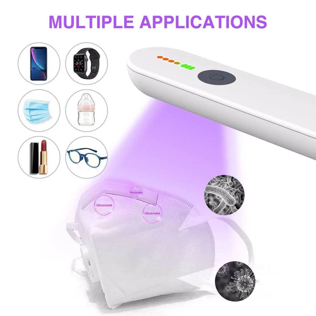 White handheld uv sterilizer emitting a purple light over a white face mask.
