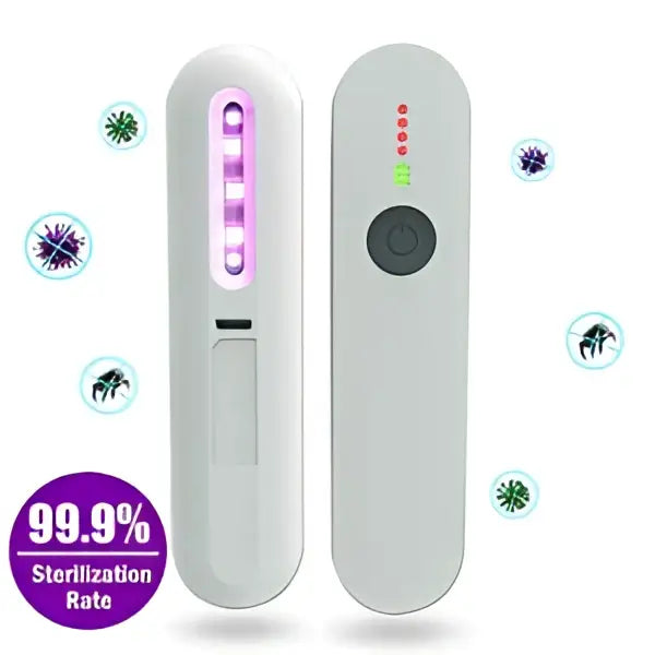 White handheld uv sterilizer with purple light and digital display.
