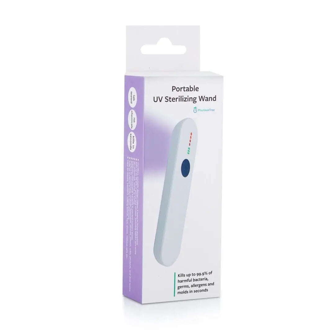 White portable uv sterilizing wand with a blue circular button and red indicator lights, packaged in a purple and white box.