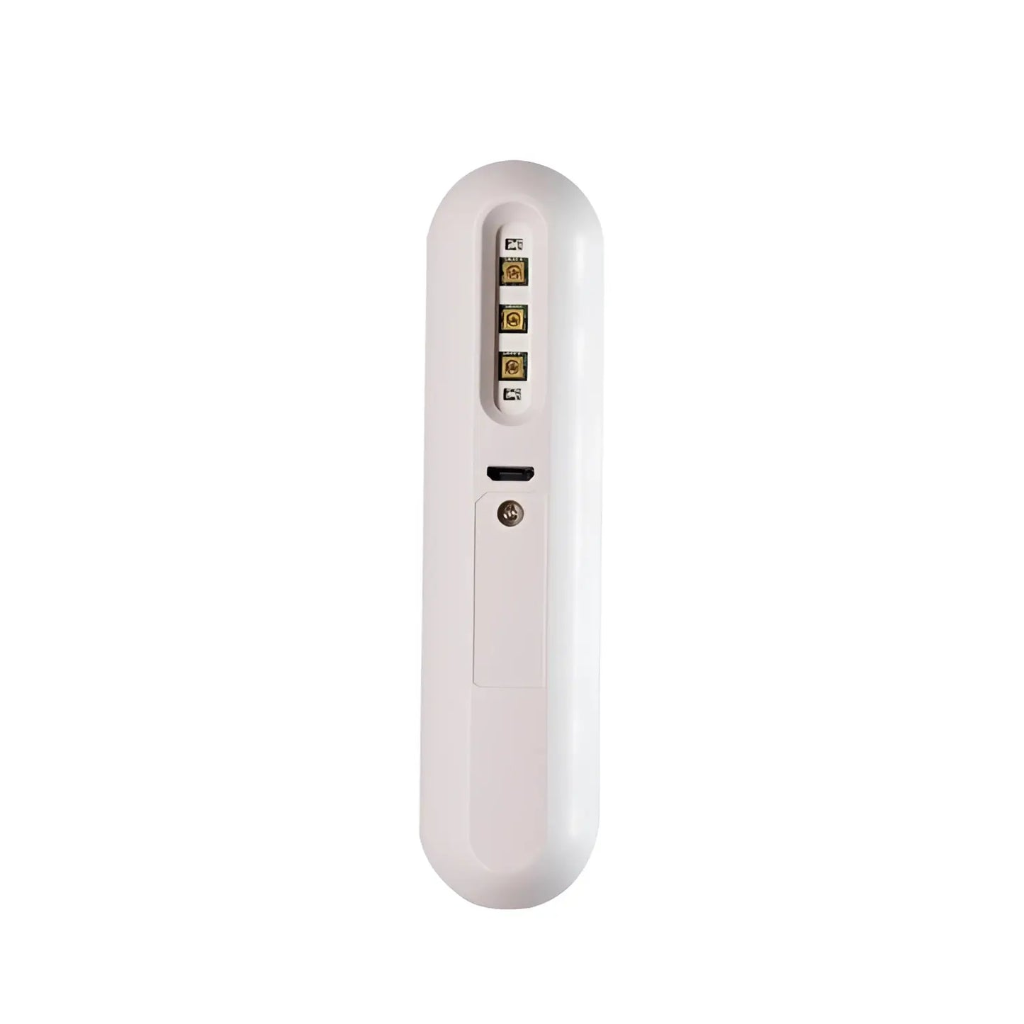 White, sleek, handheld device with a usb-c port and four gold-colored connectors.