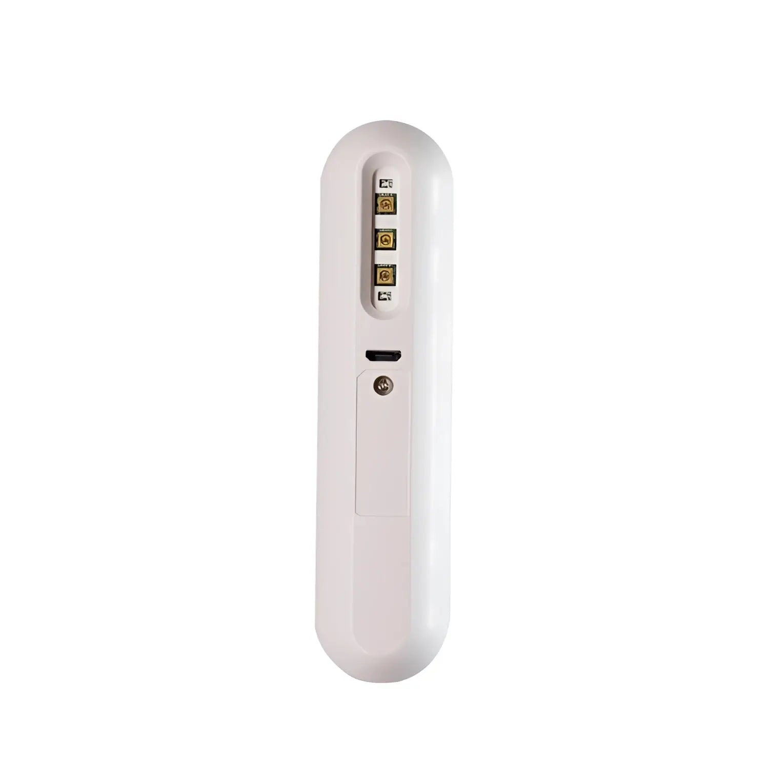 White, sleek, handheld device with a usb-c port and four gold-colored connectors.
