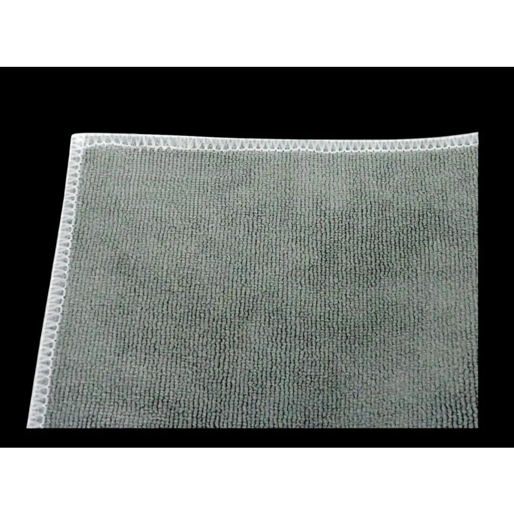 Gray microfiber cleaning cloth with a white stitched border.