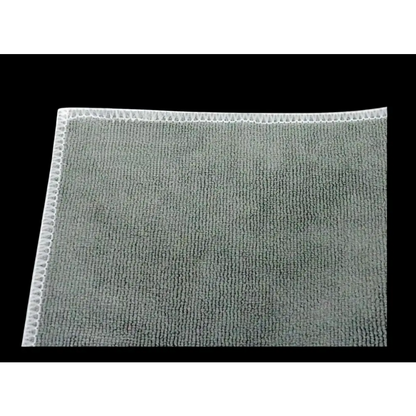 Gray microfiber cleaning cloth with a white stitched border.