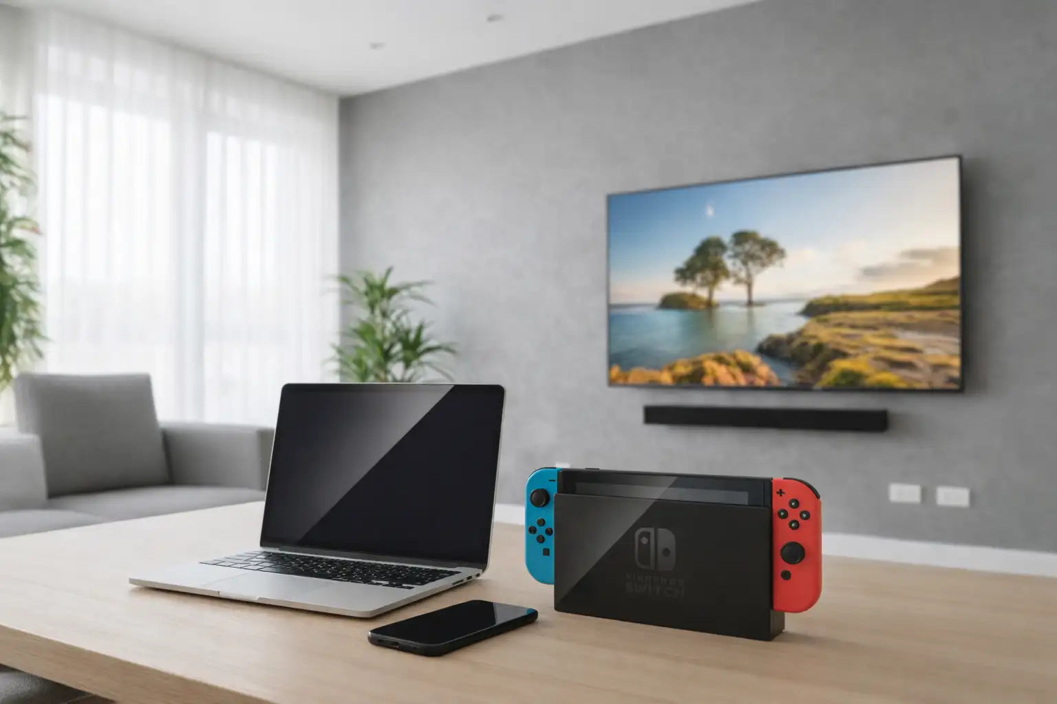 Nintendo switch console with red and blue joy-con controllers attached to its sides.