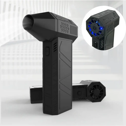 Black hexagonal handheld cooling fan with blue led lights and textured grip.