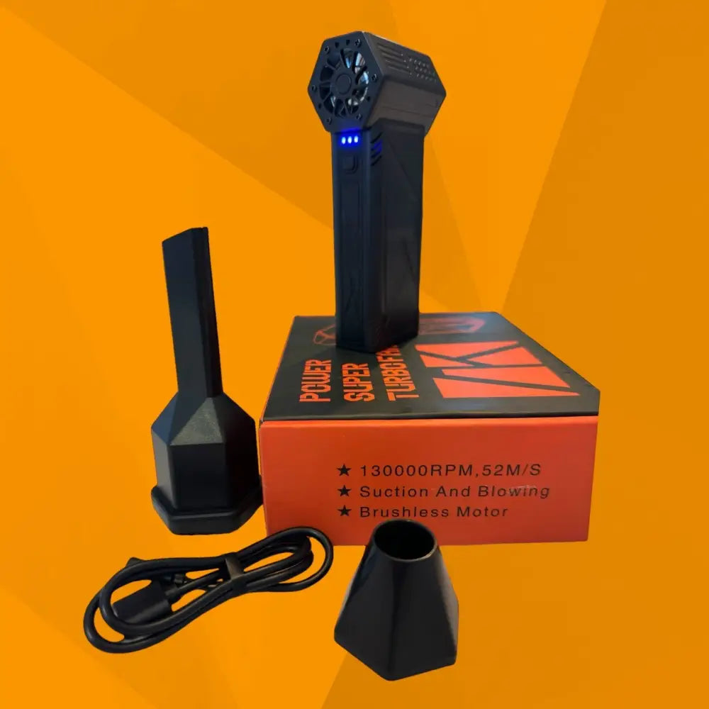 Black hexagonal handheld vacuum cleaner with blue led lights and a brushless motor