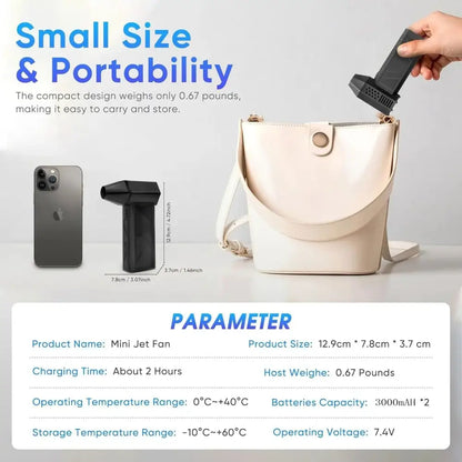 Black mini jet fan with compact, sleek design and a matte finish.