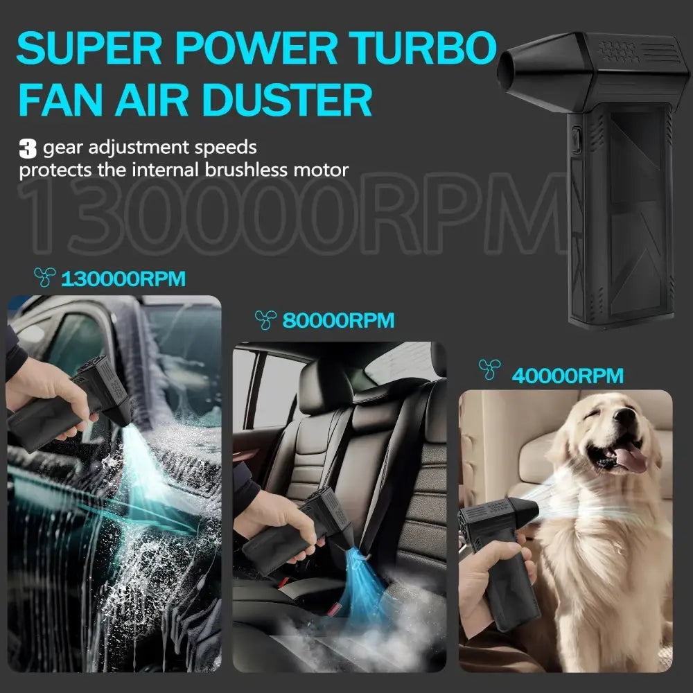 Black super power turbo fan air duster with 3 gear adjustment speeds and a brushless motor.