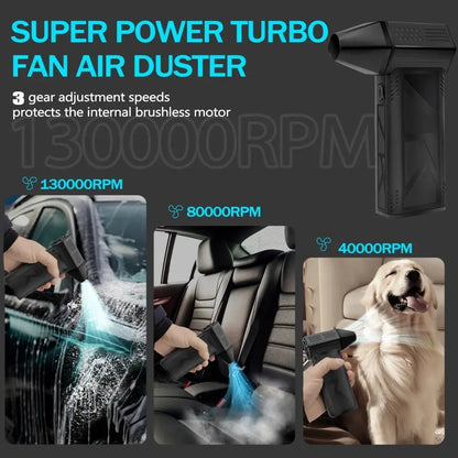 Black super power turbo fan air duster with 3 gear adjustment speeds and a brushless motor.