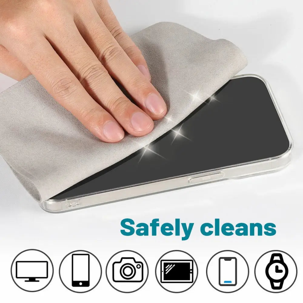 A soft, light gray microfiber cloth gently wiping the screen of a clear phone case.