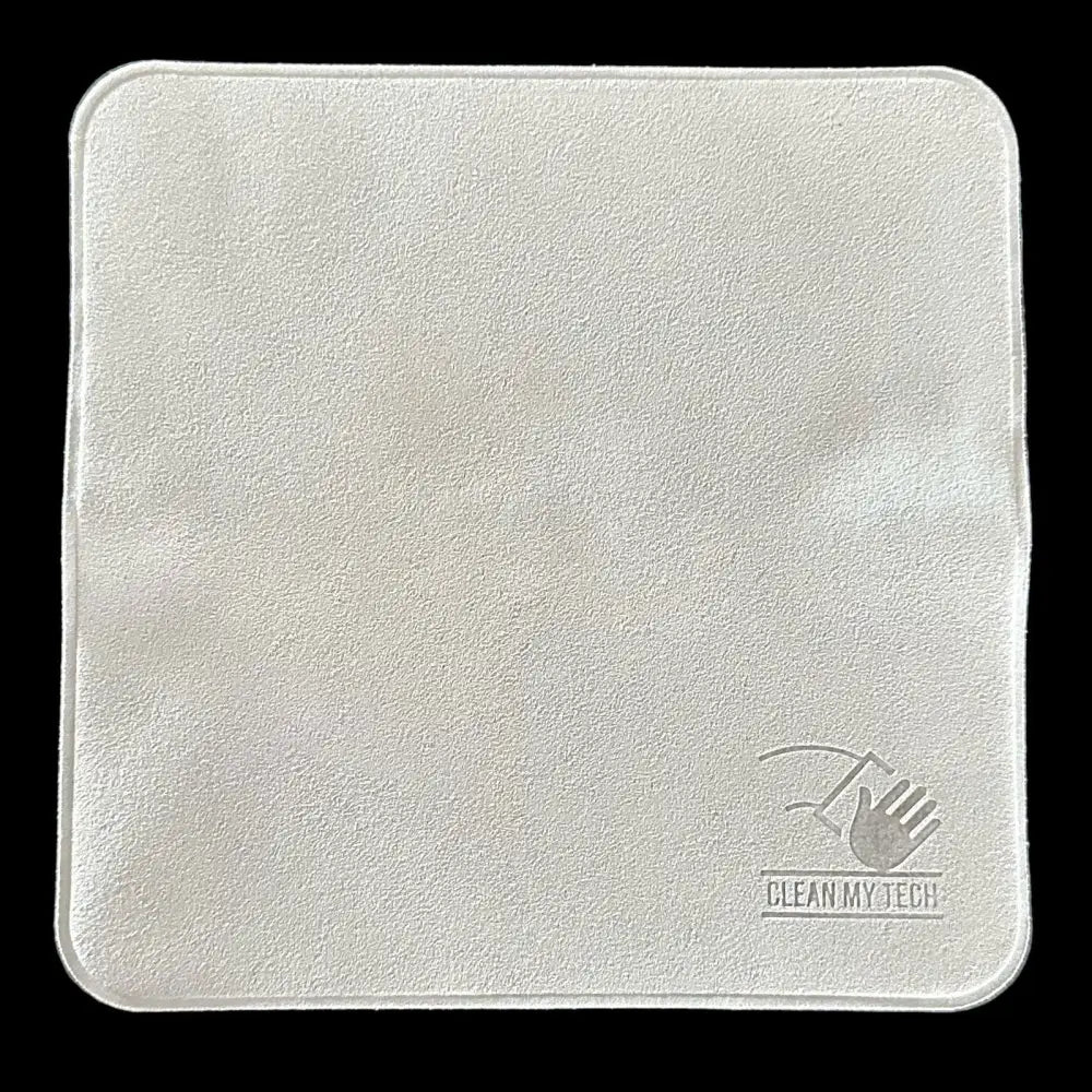 White microfiber cleaning cloth with a subtle textured surface and a faint gray logo in the corner.