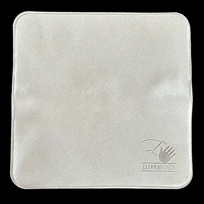 White microfiber cleaning cloth with a subtle textured surface and a faint gray logo in the corner.