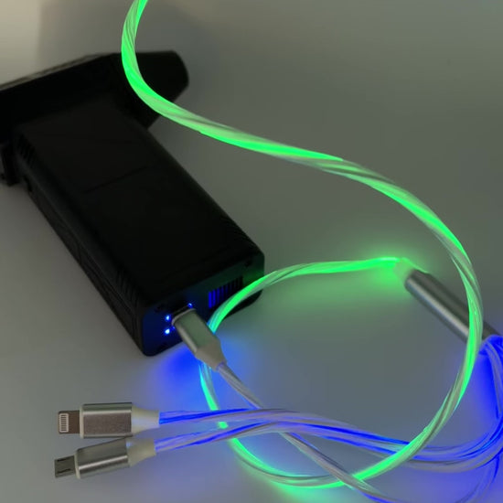 All In One Flowing Current Light Up Charging Cable for USB-C Lightning and Micro USB Devices