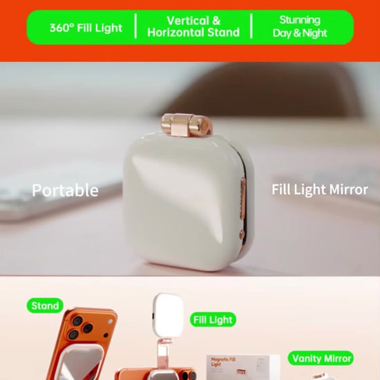 Video of magnetic 3-in-1 fill light, mirror, and phone stand. 