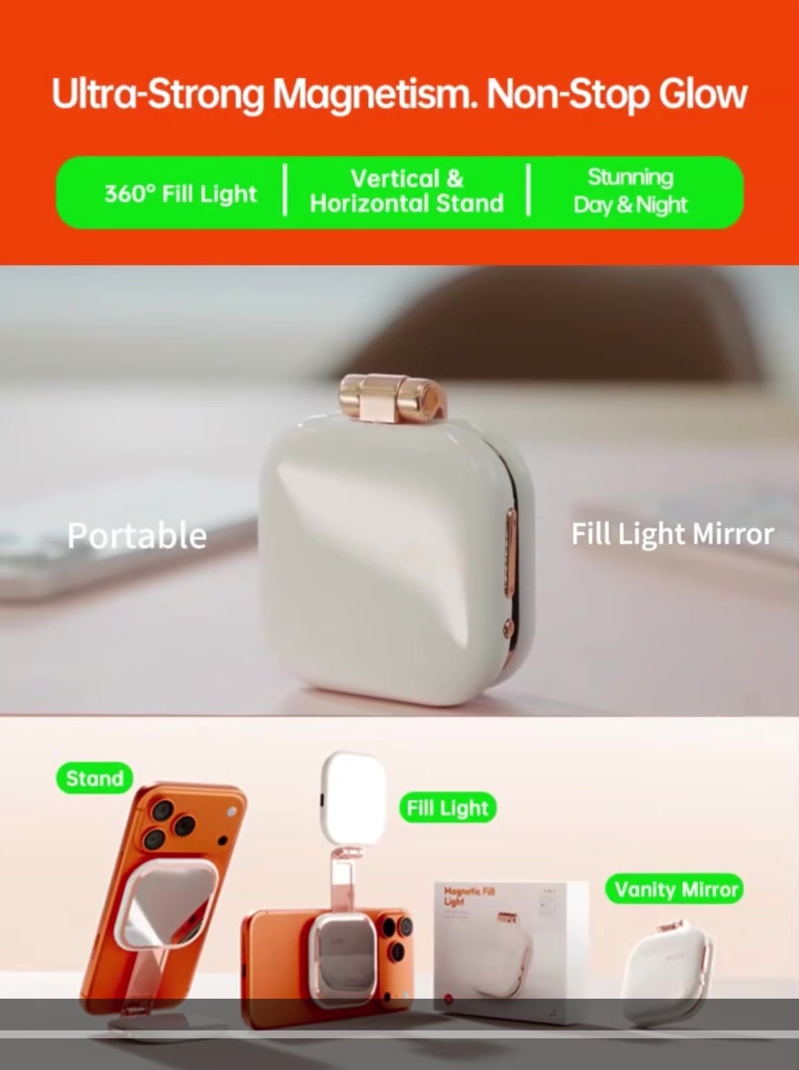 Video of magnetic 3-in-1 fill light, mirror, and phone stand. 