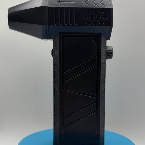 Powerful 130,000 RPM Electric Air Duster with Adjustable Speed Control rotating on a blue pedestal 