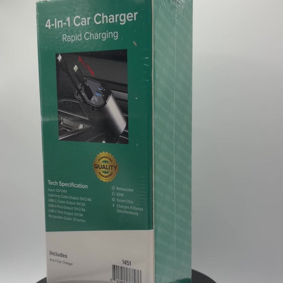 4-in-1 Fast Charging Retractable Car Charger in package rotating