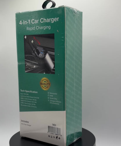 4-in-1 Fast Charging Retractable Car Charger in package rotating
