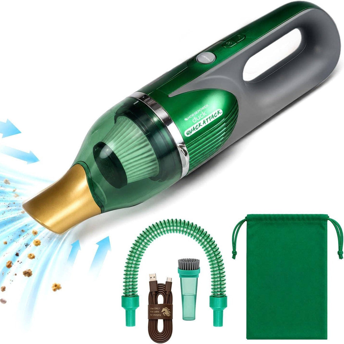 Green and gray handheld car vacuum cleaner with a gold nozzle, shown with a green hose, brush attachment, charging cable, and drawstring bag on a white background.