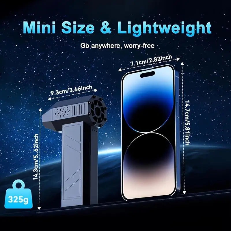 Compact sleek black rechargeable mini turbo blower electric air duster with led light for electronics and home cleaning