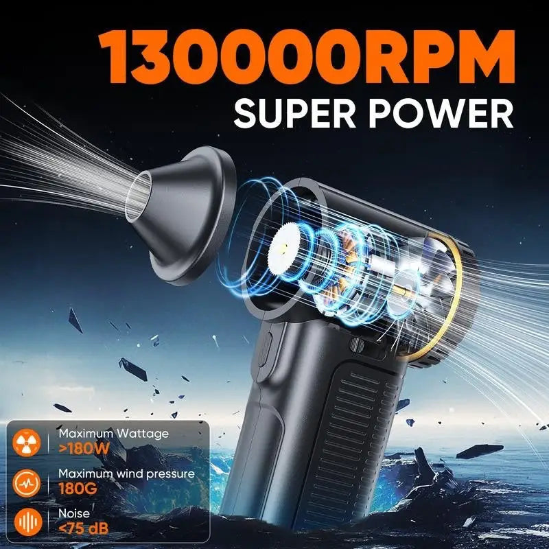 Black handheld rechargeable electric air duster with sleek ergonomic design and gold trim for electronics and car cleaning