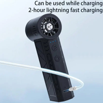 Black rechargeable mini turbo blower air duster with ergonomic textured grip and led light for electronics cleaning
