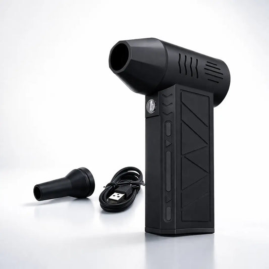 Black rechargeable mini turbo blower electric air duster with textured grip vented nozzle usb cable and built-in led flashlight