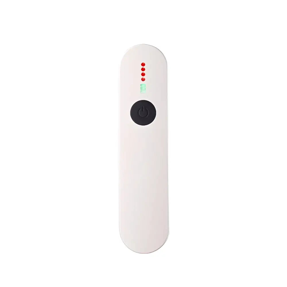 White handheld device with a black power button and four red indicator lights above it.