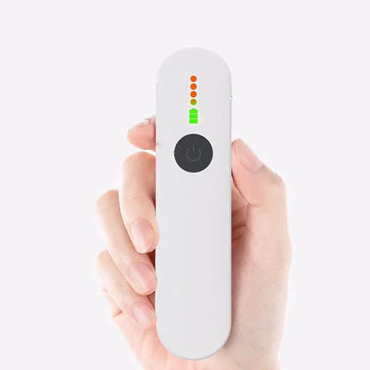 White handheld device with a circular power button and five led indicators above it
